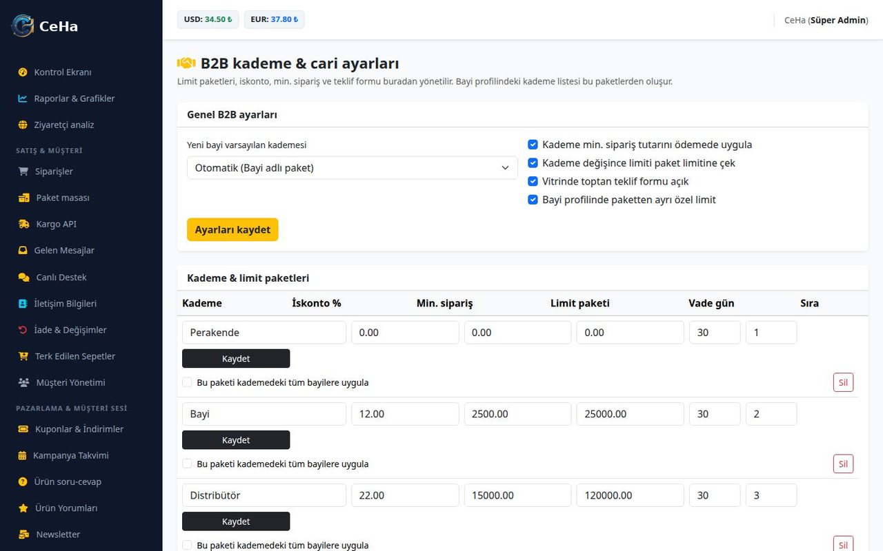 CeHa B2B bayi kademesi, iskonto oranı ve açık hesap limiti