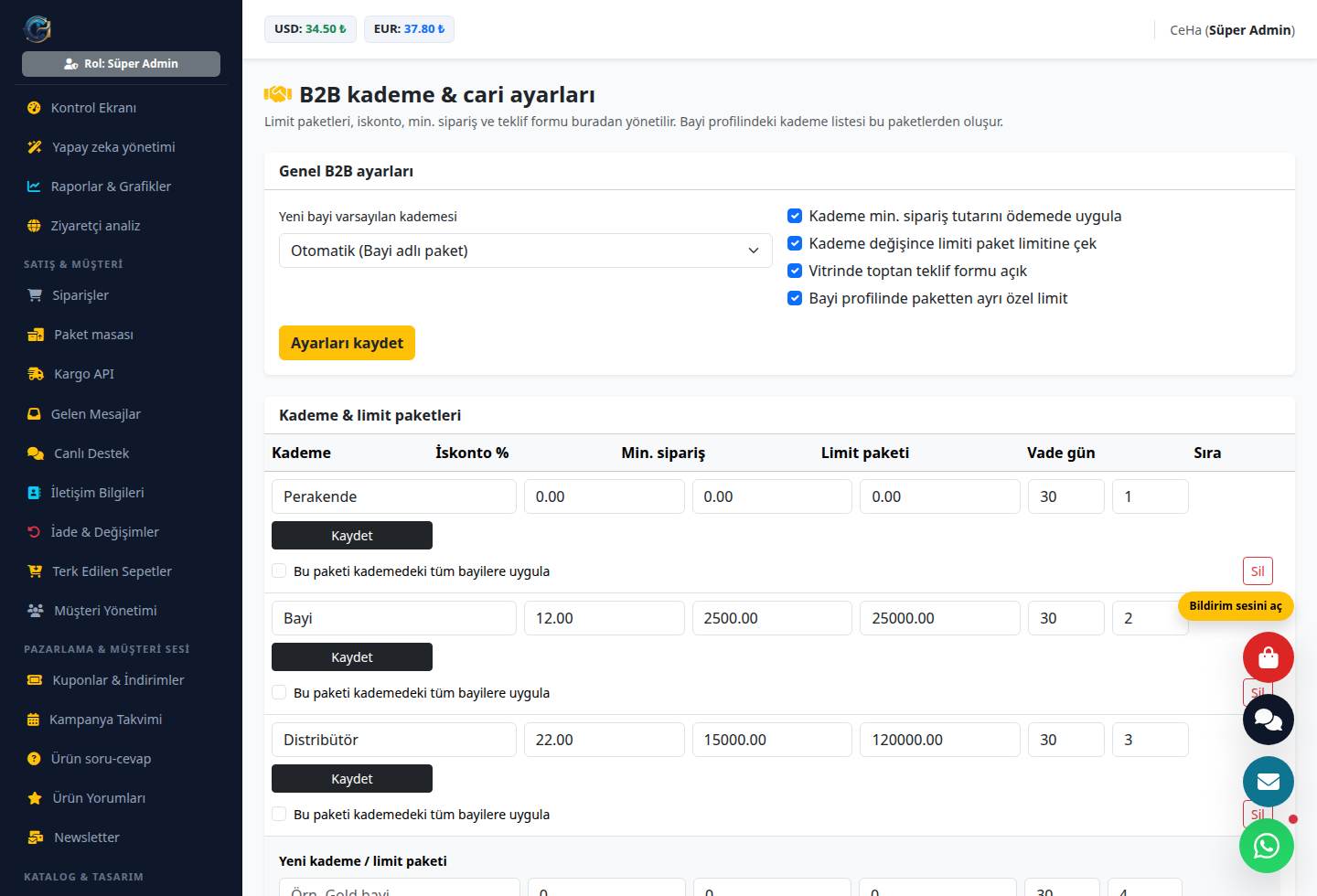 Demo B2B ekranında iskonto, minimum sipariş, limit paketi ve vade günü