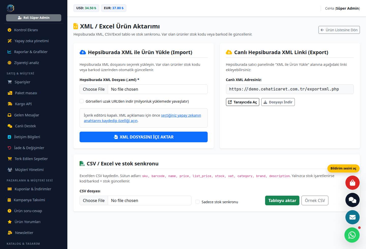Demo XML aktarım ekranında Hepsiburada içe aktarma, dışa aktarma linki ve CSV
