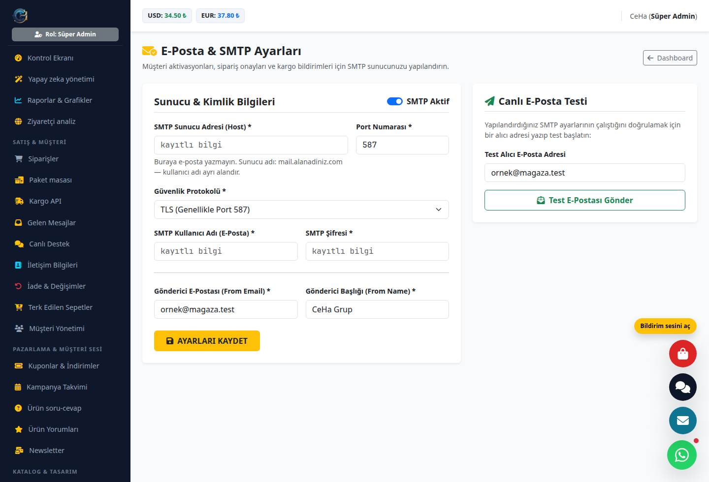 Demo yönetim panelinde SMTP sunucusu, port, TLS ve deneme mektubu formu