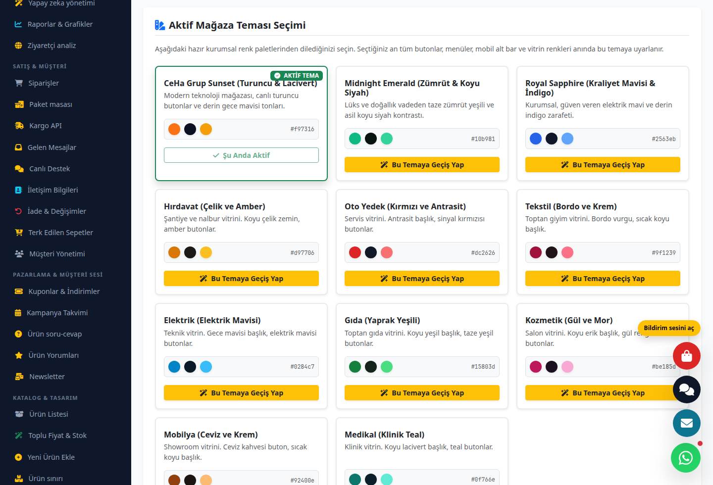 Demo tema ekranında Sunset, Emerald, Sapphire ve sektör renk paletleri