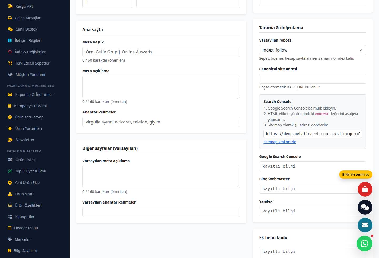 Demo SEO ayarlarında ana sayfa meta alanları, robots, canonical adres ve sitemap.xml kutusu
